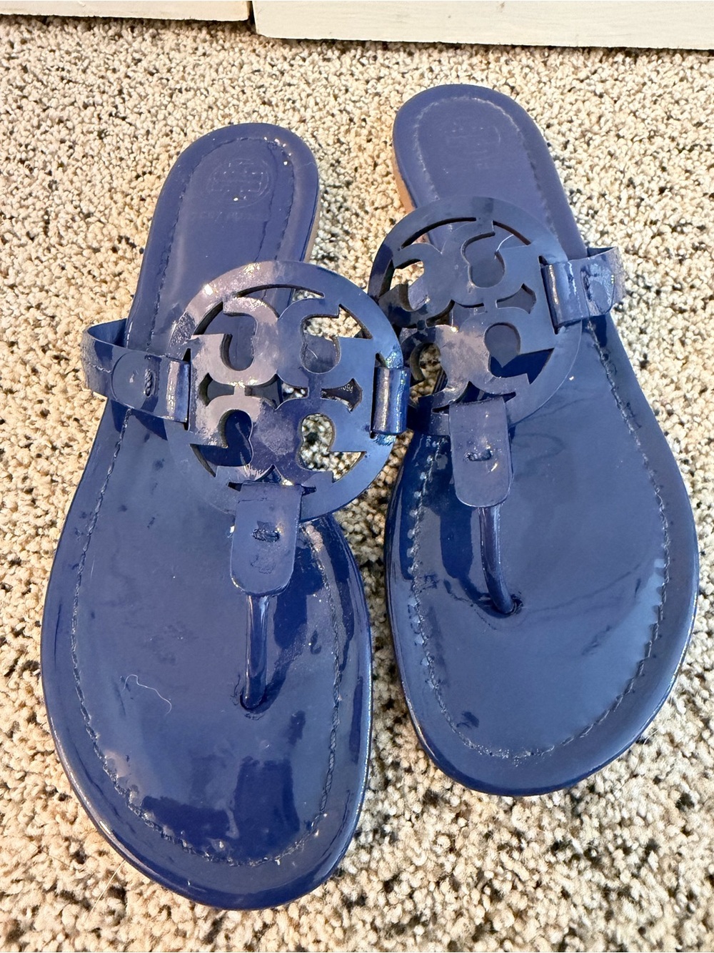 Tory Burch Navy Patent Logo Thong Sandals
